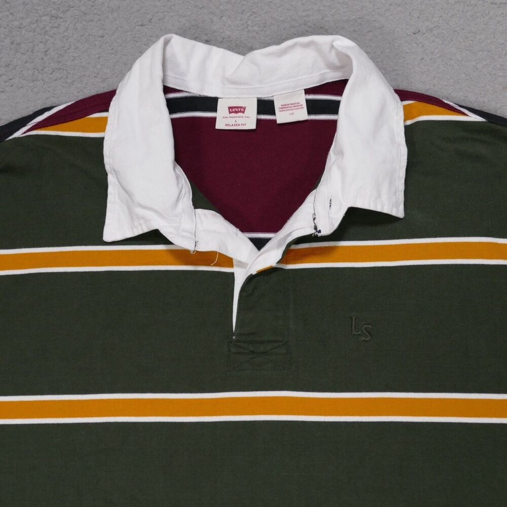 Levis Rugby Shirt Mens Large Relaxed Fit Green Striped Long Sleeve Polo - Picture 2 of 15